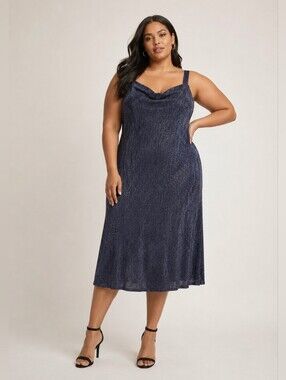 R&M Richards Metallic Pleated Navy Dress 16W Cowl Neck Evening Party